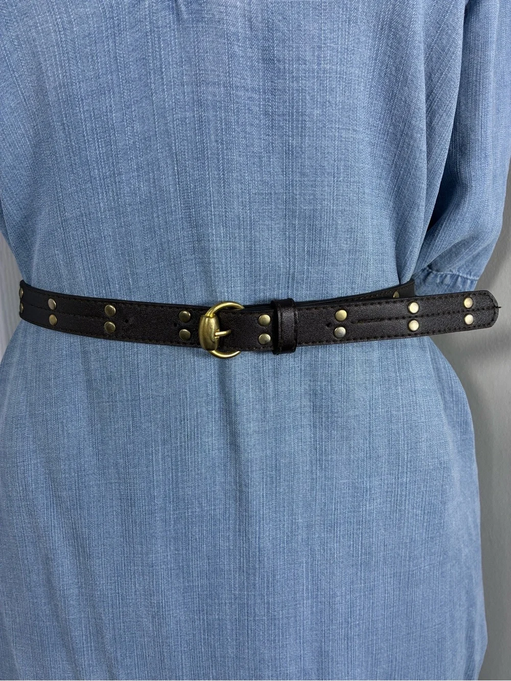 Plus size women’s belt Black Faux Leather Brass Buckle studded chocolate brown